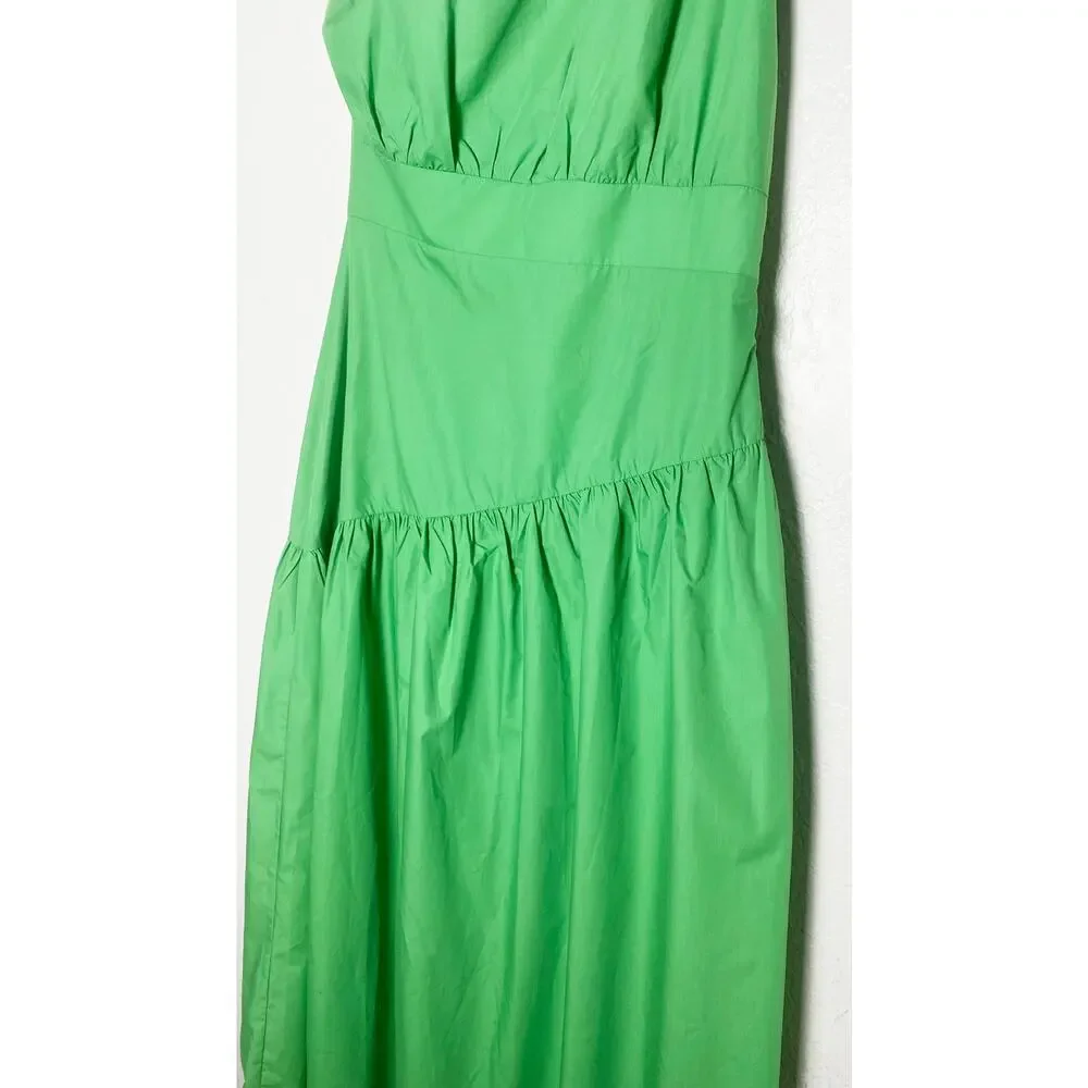Lalavon Women's Green One Shoulder Tie Dress Midi Tiered Summer Vacation Flowy L